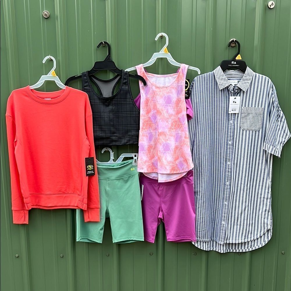 Girls Sweatshirt Bike Shorts Tank Top Sports Bras & Shirt Dress 7-Pc Set Size L